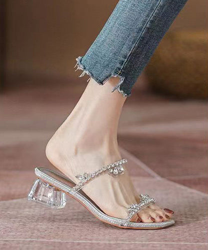 Silver Zircon Peep Toe Chunky Heel Slide Sandals