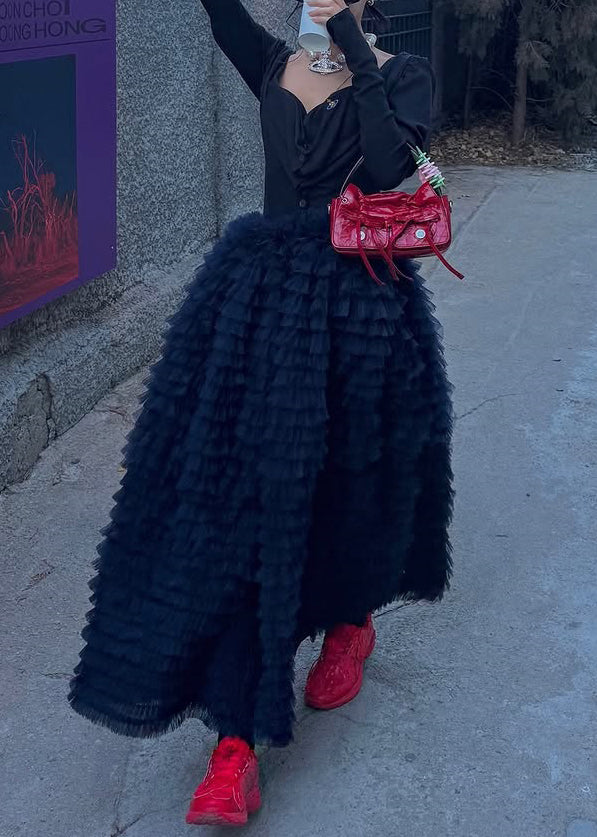Black High Waist Tulle Maxi Skirts Ruffled