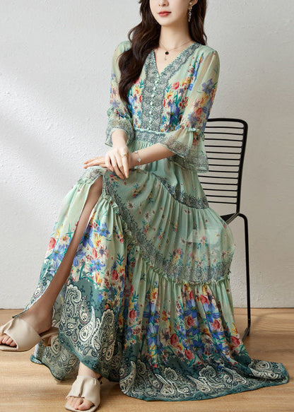 Light Green V Neck Wrinkled Patchwork Print Silk Dresses Summer