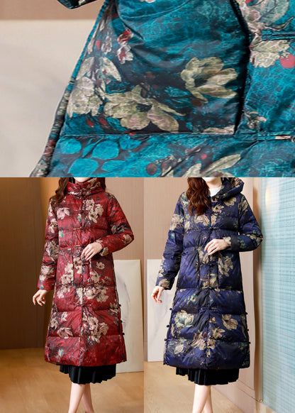 Purple Stand Collar Print Chinese Button Duck Down Puffer Coat Winter