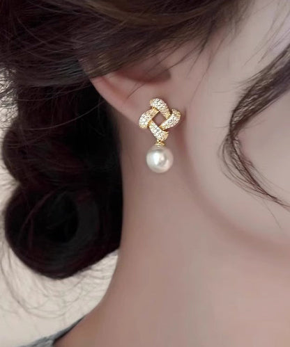 Gold Sterling Silver Overgild Zircon Pearl Square Drop Earrings