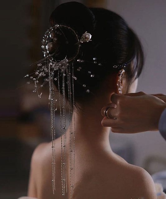 White Alloy Crystal Pearl Tassel Hairpin