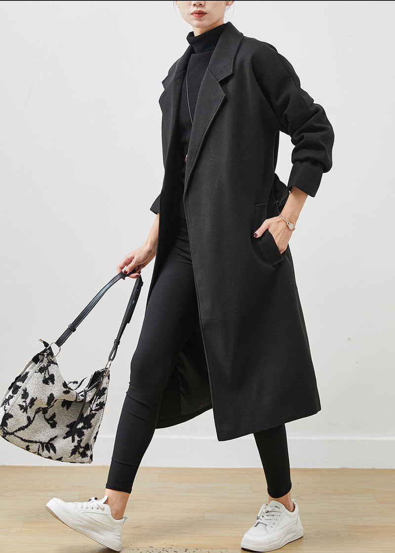 Black Peter Pan Collar Tie Waist Woolen Coats Spring