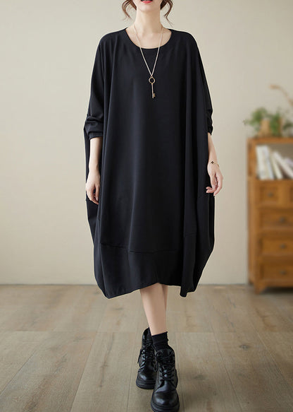 French Black O-neck Low High Design Cotton Dress Fall
