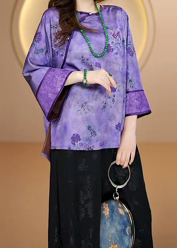 Purple O Neck Print Button Silk Shirts Fall
