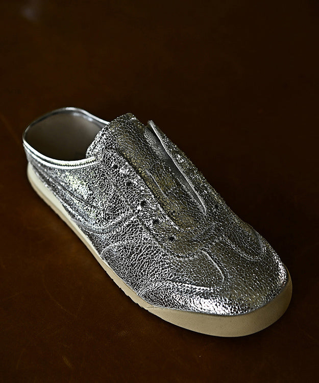 Splicing Wedge Silver Cowhide Leather Slide Sandals