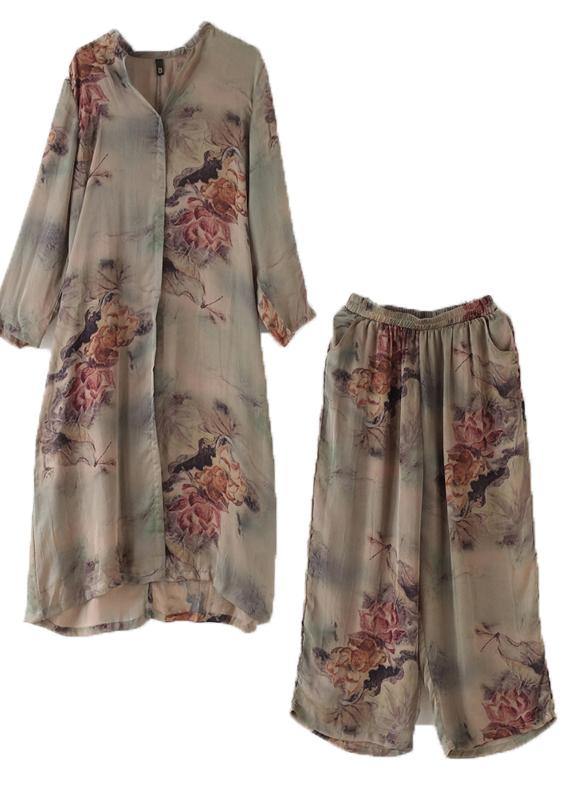 Spring Loose Print Silk Satin Split Long Sleeve Shirt + Wide Leg Pants