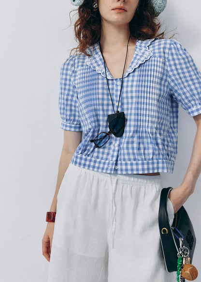 French Style Light Blue Puff Sleeve Embroidered Cotton Shirt Tops