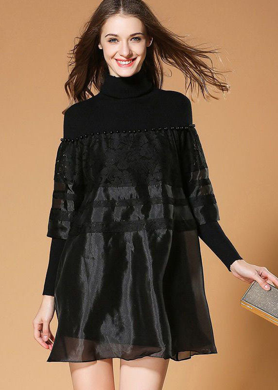 Black Turtle Neck Nail Bead Patchwork Organza Knit Dresses Spring