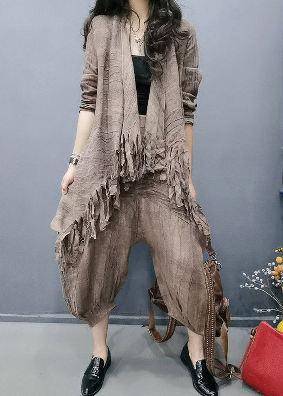 Retro Chocolate V Neck Tasseled Wrinkled Linen Coats and Lantern Pants Two Pieces Set Spring