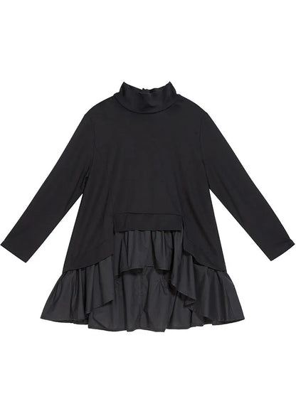 Black Asymmetrical Patchwork Ruffles Fall Top Long Sleeve
