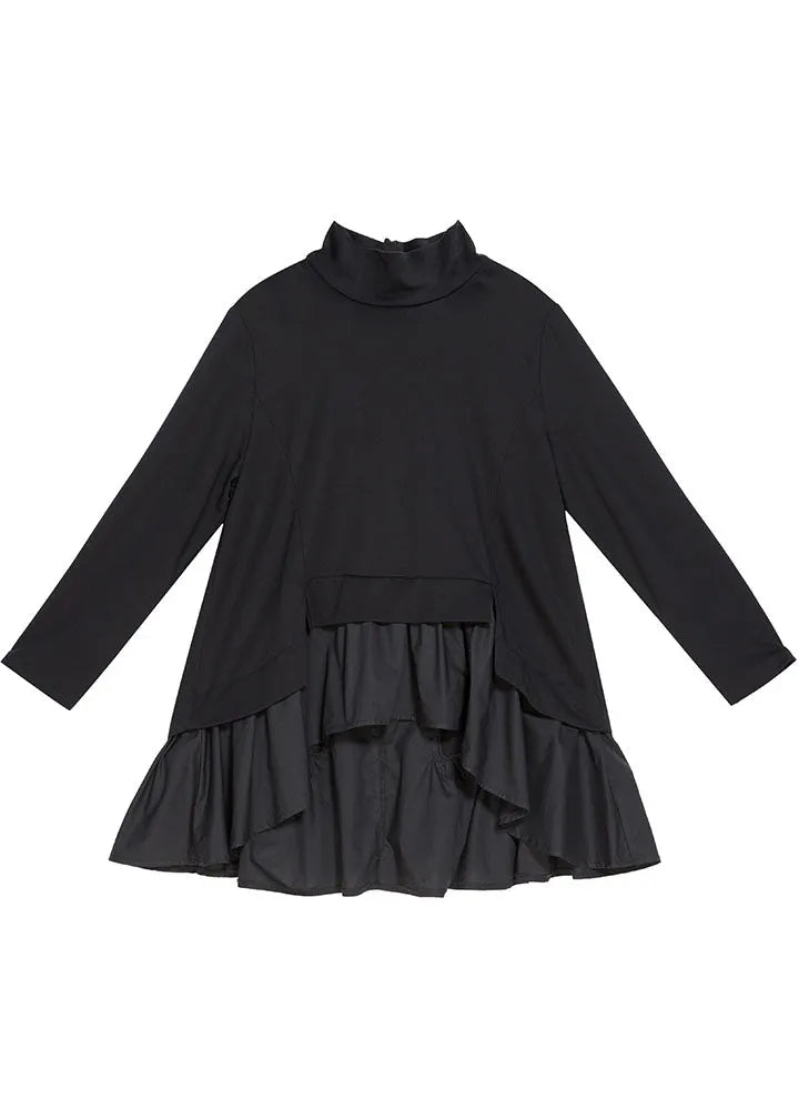 Black Asymmetrical Patchwork Ruffles Fall Top Long Sleeve