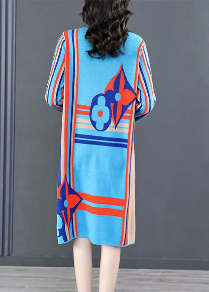 Classy Blue Turtleneck Striped Patchwork Cotton Knit Mid Dress Winter