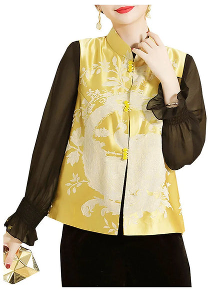 Diy Yellow Stand Collar Button Side Open Jacquard Satin Vest Spring