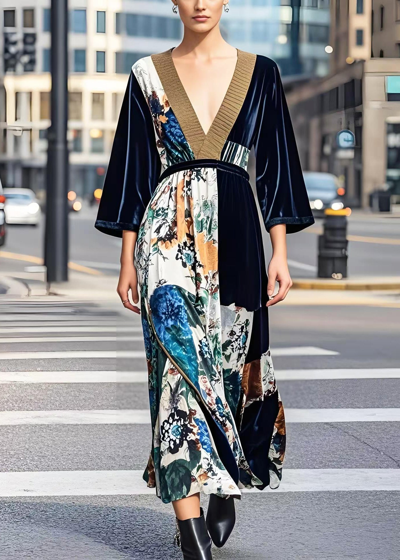 Dark V Neck Print Silk Velour Cinched Dress Fall