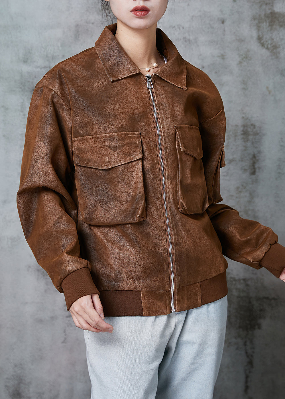 Diy Brown Oversized Pockets Faux Leather Coats Spring