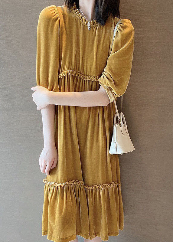 Yellow Ruffled Patchwork Velour Fall Half Sleeve Maxi Dresses