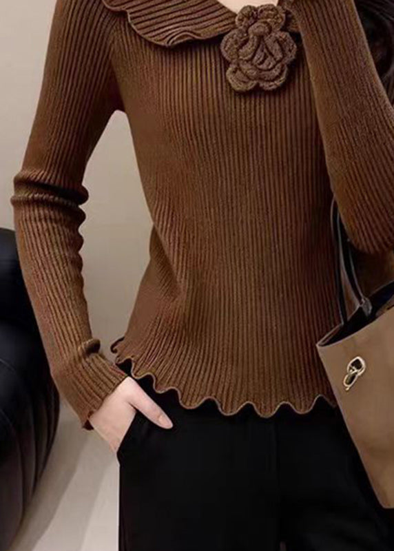Coffee Peter Pan Collar Cotton Knit Sweater Spring