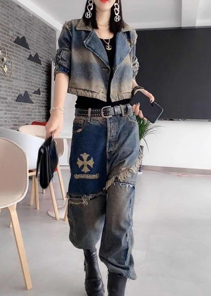Handmade Grey Peter Pan Collar Patchwork Coats and Jeans Two Pieces Set Fall