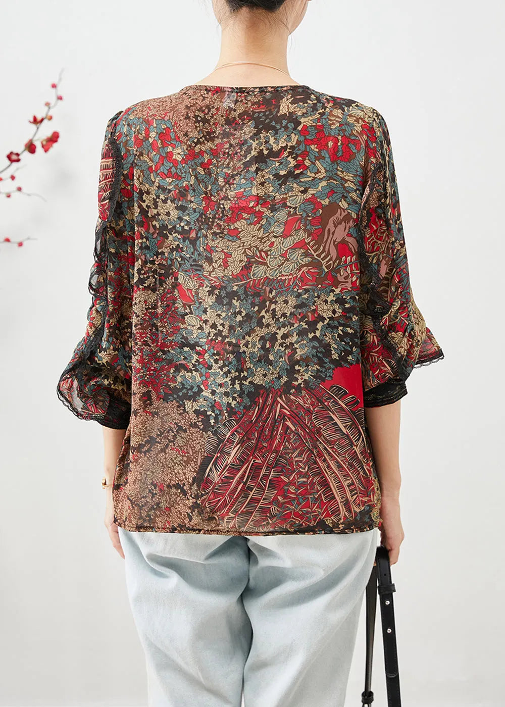 Red Ruffles Patchwork Print Chiffon Shirt Top Fall