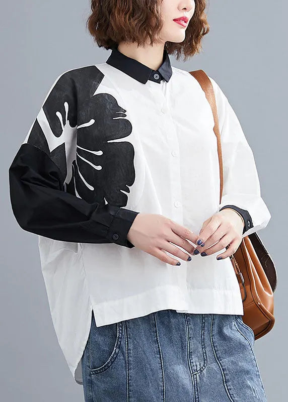Fitted White Button Print Asymmetrical Design Fall Long Sleeve Blouse Tops