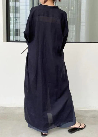 French Black Oversized Side Open Linen Shirt Dresses Spring