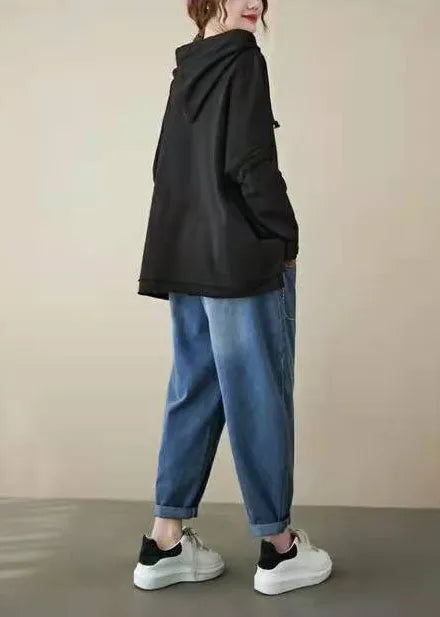 Navy Hooded Drawstring Embroideried Fall Side Open Sweatshirts Top