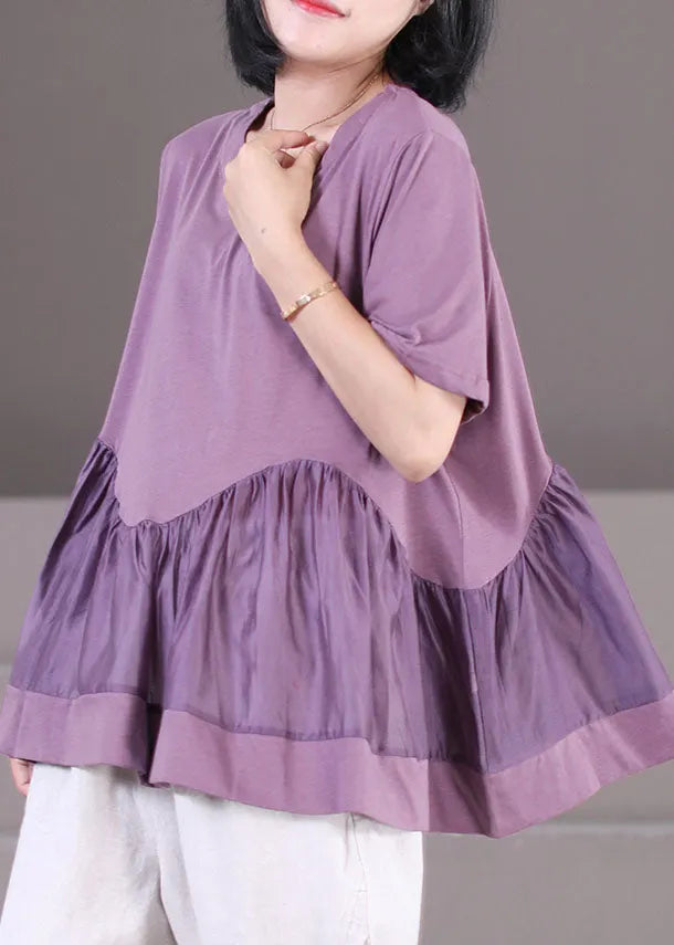 Purple Wrinkled Patchwork Cotton Loose Tank Tops Short Sleeve