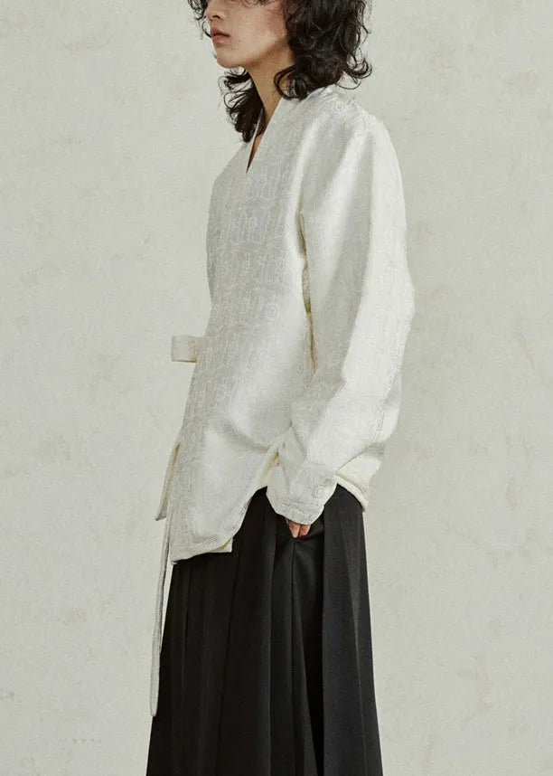 Jacquard Beige V Neck Top Long Sleeve