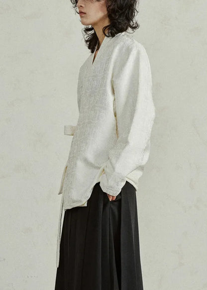 Jacquard Beige V Neck Top Long Sleeve