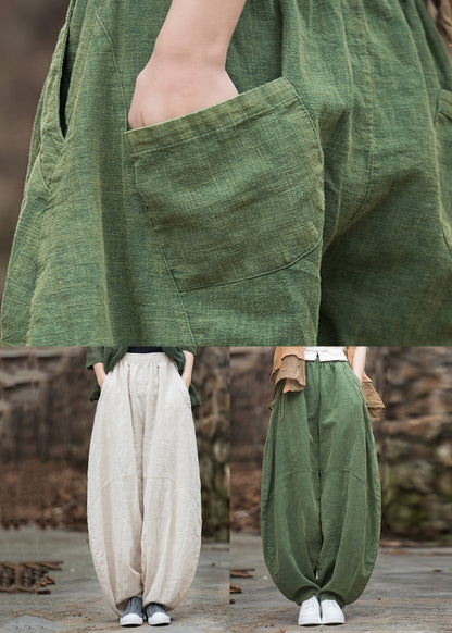 Green Pockets Elastic Waist Patchwork Linen Pants Fall