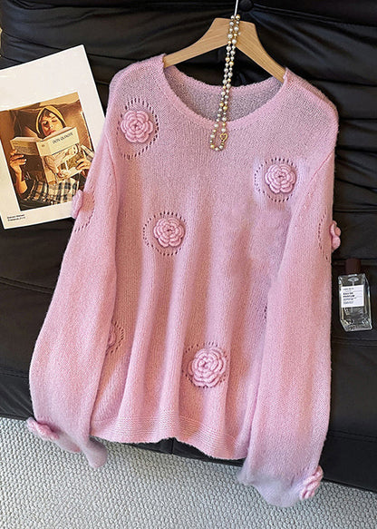 Pink O Neck Hollow Out Cozy Knit Sweater Fall