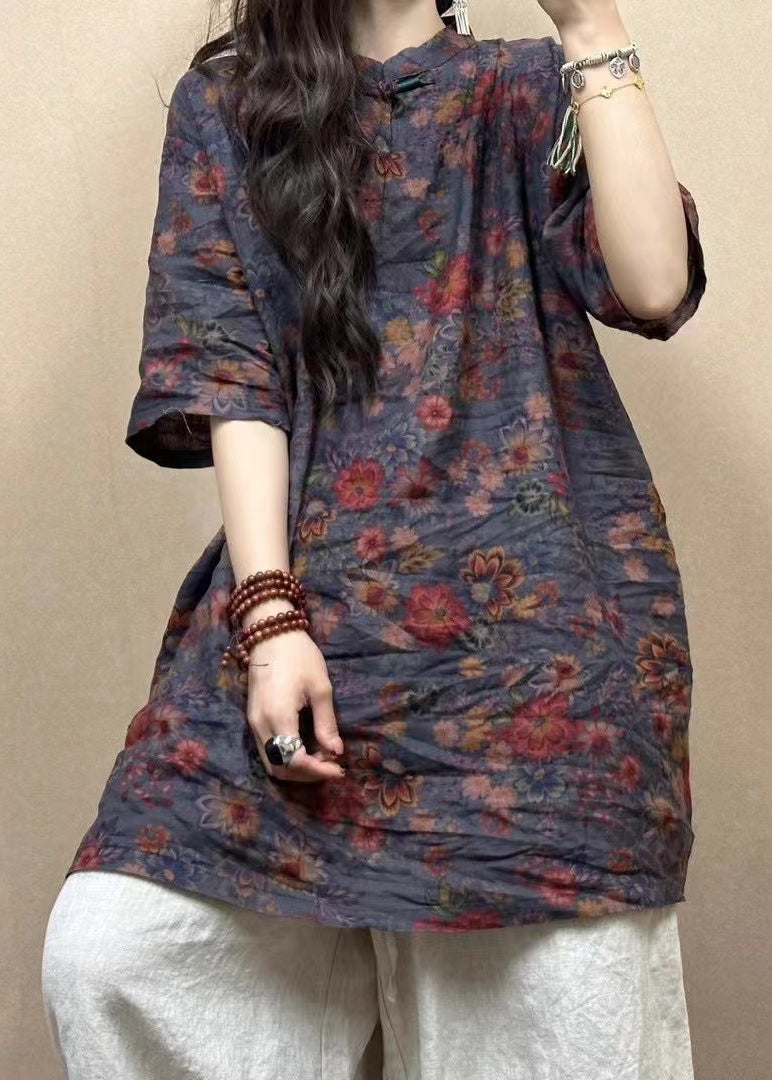 Red Stand Collar Button Print Linen Blouses Half Sleeve