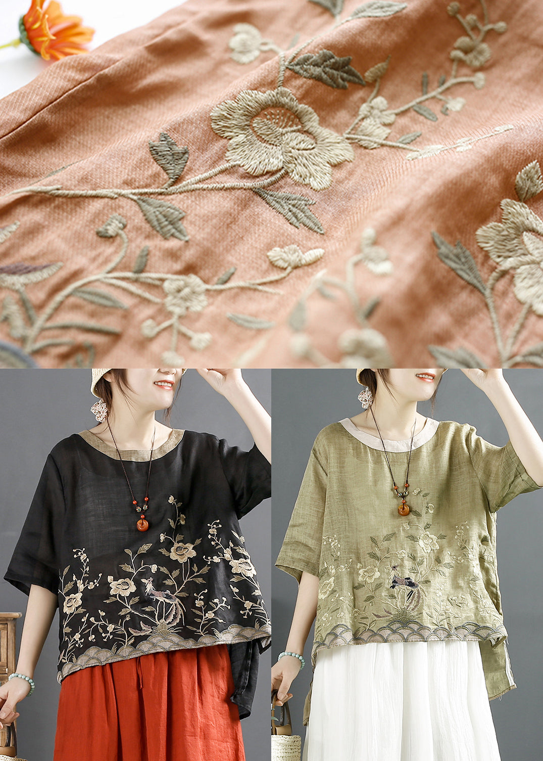 Loose Black Embroideried Low High Design Linen Top Summer