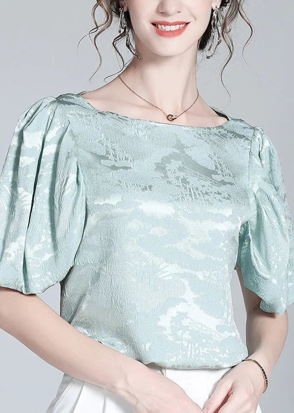 Baby Blue O-neck Jacquard Silk Top Puff Sleeve