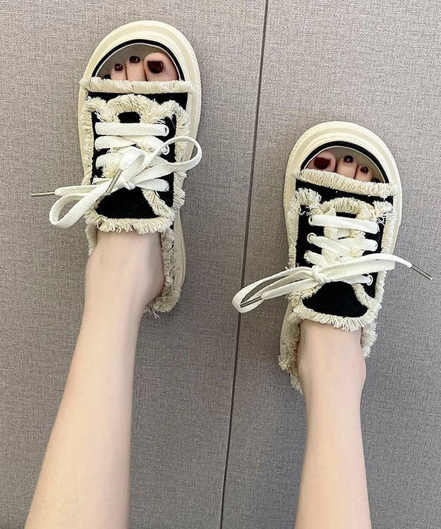 Black Platform Canvas Splicing Slide Sandals Lace Up