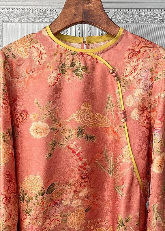 Handmade Orange O-neck Button Patchwork Chiffon Blouse Tops Long Sleeve