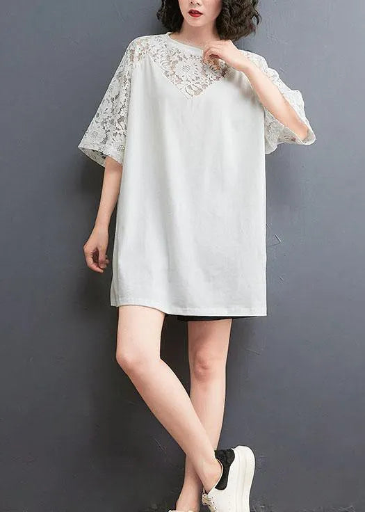 White Patchwork Lace O-neck Cotton Tee Summer
