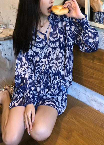 Stylish Blue Print Shirts and Skirts Cotton Two Pieces Set Summer
