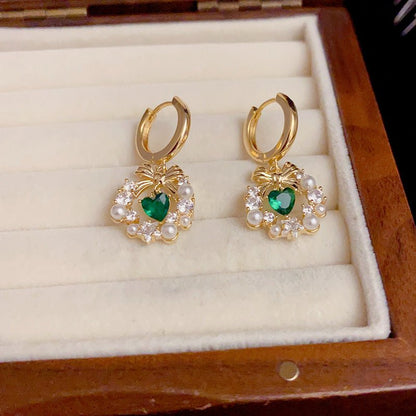 Bow Wreath Green Heart Earrings