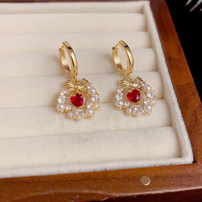 Bow Wreath Red Heart Earrings