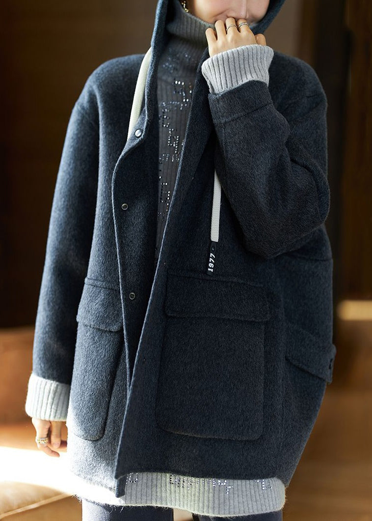 Beige Hooded Pockets Patchwork Wool Coat Spring