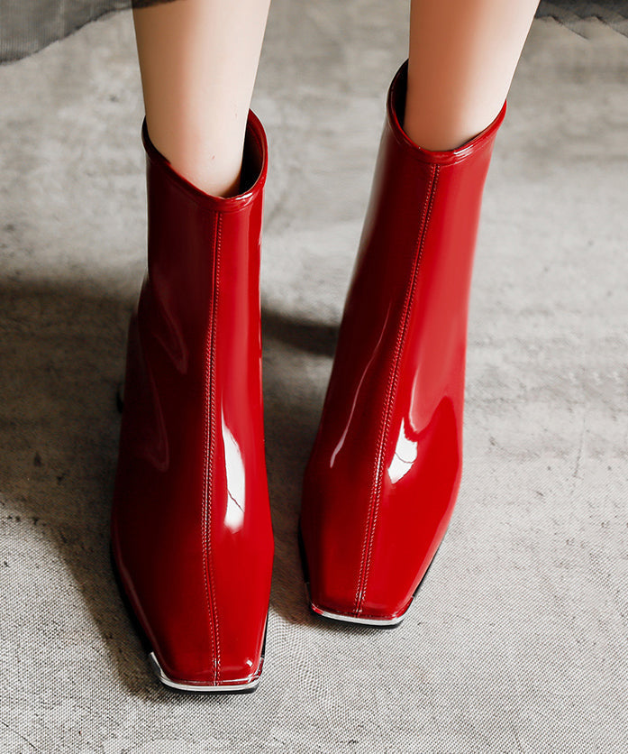 Red Boots Chunky Cowhide Leather Soft Splicing