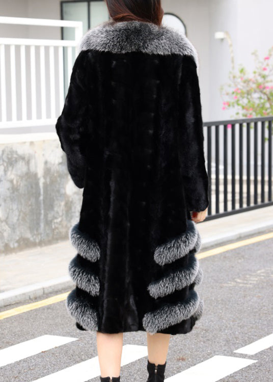 Loose Black Fox Collar Pockets Mink Hair Leather and Fur Long Coats Winter