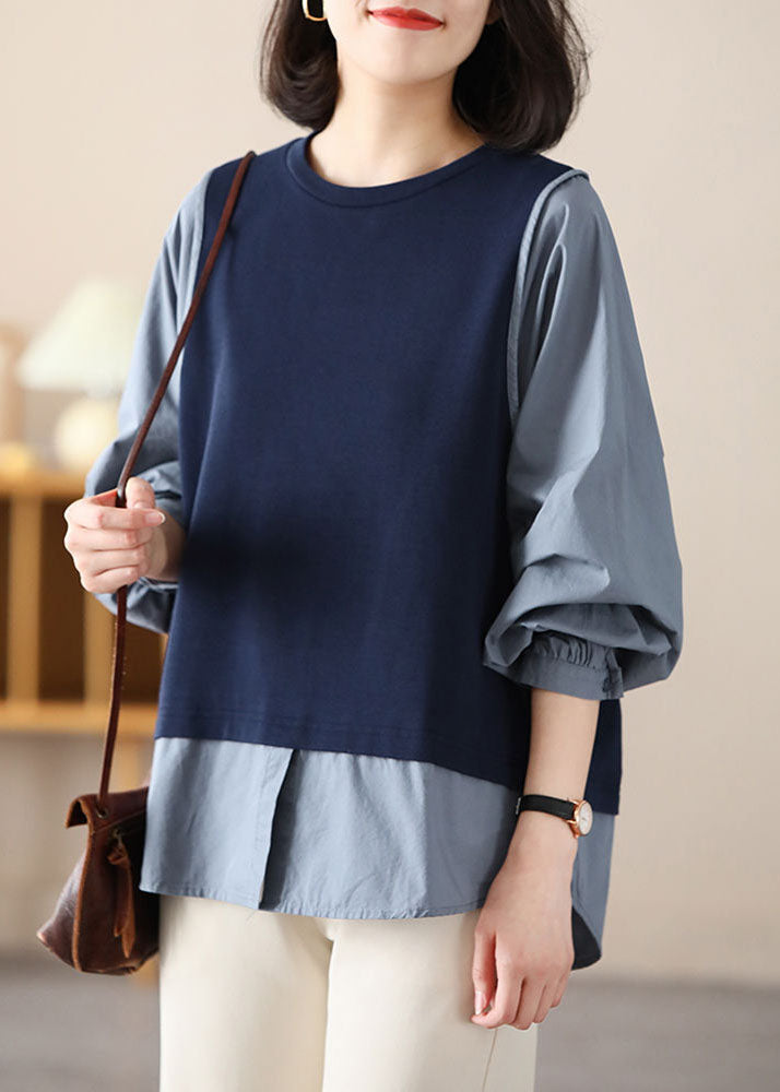Black Patchwork Cotton Fake Two Piece Top O-neck Spring