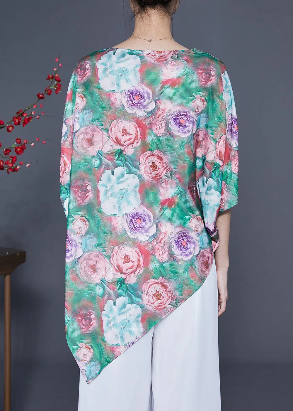Unique Green Asymmetrical Print Silk Tank Batwing Sleeve