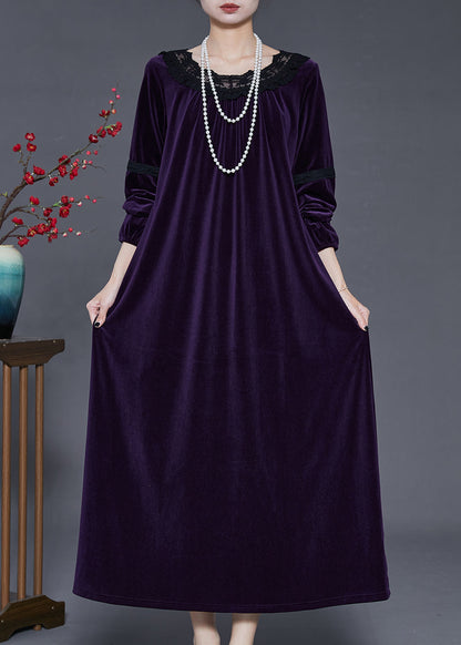 Dull Purple Patchwork Silk Velour Long Dress Oversized Fall