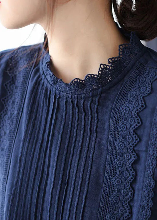 Boutique Navy Lace Patchwork Cotton Top Spring