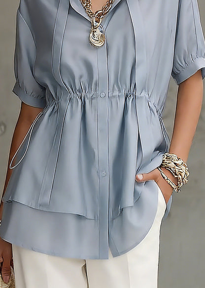 Fine Blue Peter Pan Collar Drawstring Silk Cotton Shirts Short Sleeve