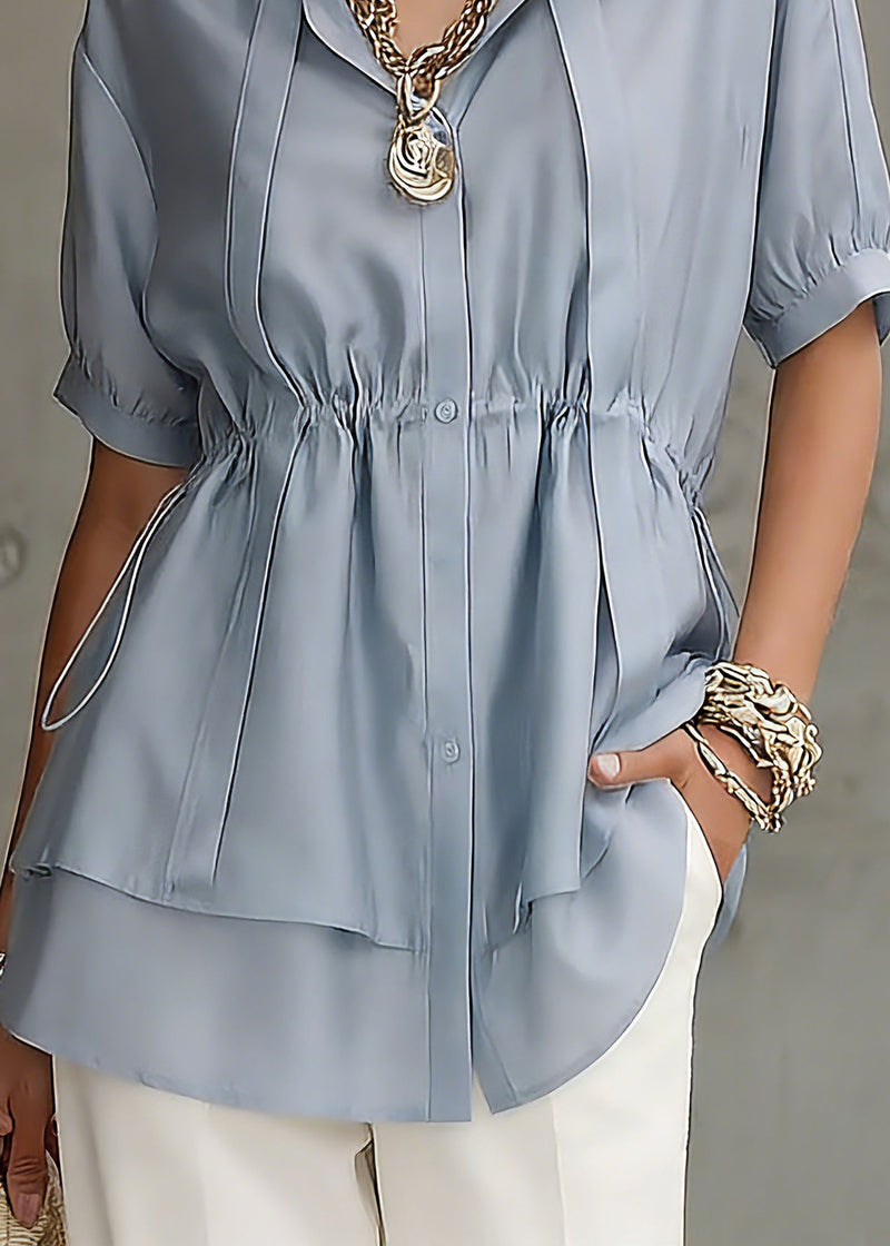 Fine Blue Peter Pan Collar Drawstring Silk Cotton Shirts Short Sleeve